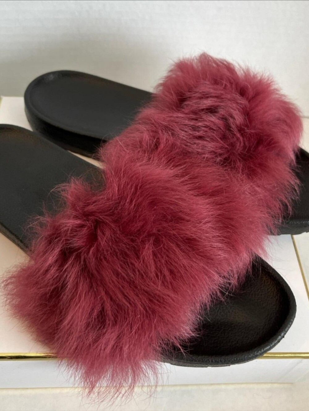 UGG Burgundy Faux Fur Slide Sandals